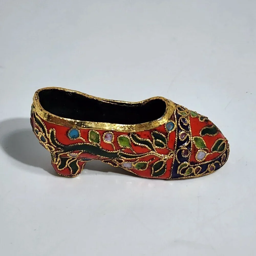 Enameled Cloisonne Miniature Shoe With Floral Design & Gold Detailing